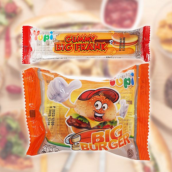 印尼 Yupi 呦皮~QQ糖(大熱狗軟糖)/大漢堡軟糖(1包入) 28g 款式可選 印尼 Yupi 呦皮~QQ糖(大熱狗軟糖)/大漢堡軟糖(1包入) 28g 款式可選