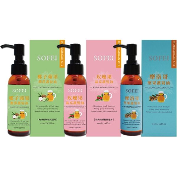 SOFEI 舒妃~椰子蘋果潤澤/玫瑰果晶亮/摩洛哥堅果 護髮油(100ml) 款式可選 SOFEI 舒妃~椰子蘋果潤澤/玫瑰果晶亮/摩洛哥堅果 護髮油(100ml) 款式可選