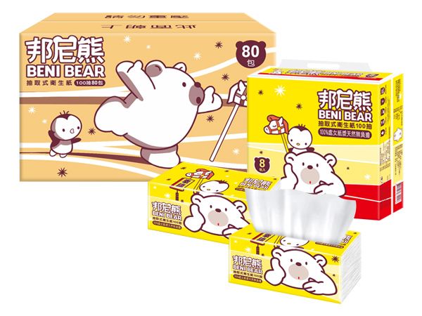 Beni Bear 邦尼熊~抽取式衛生紙(黃版)100抽x8包x10袋 ※限宅配/無貨到付款 Beni Bear 邦尼熊~抽取式衛生紙(黃版)100抽x8包x10袋 ※限宅配/無貨到付款