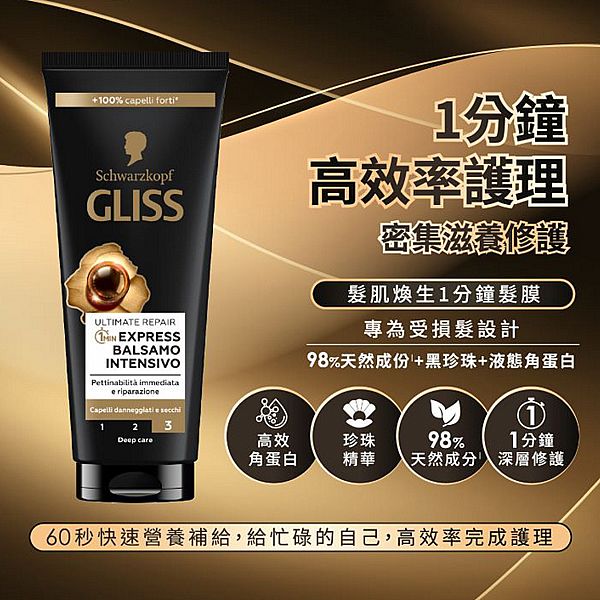 Schwarzkopf 施華蔻~Gliss髮肌煥生一分鐘髮膜(200ml) 施華寇 Schwarzkopf 施華蔻~Gliss髮肌煥生一分鐘髮膜(200ml) 施華寇