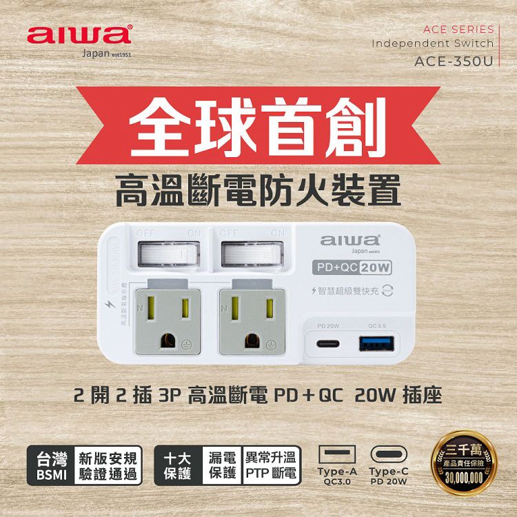 aiwa 愛華~2開2插3P高溫斷電PD+QC20W插座(ACE-350U)1入 aiwa 愛華~2開2插3P高溫斷電PD+QC20W插座(ACE-350U)1入