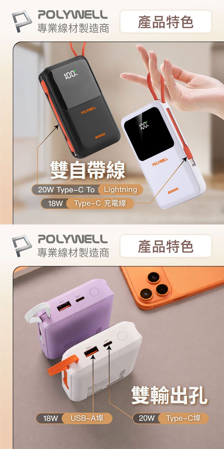 快充 行動電源 Polywell 行動電源 20W 快充