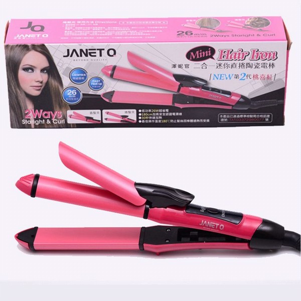 JANET Q 澤妮官~二合一迷你直捲陶瓷電棒(2代)桃喜紅(1支入) 直髮/捲髮