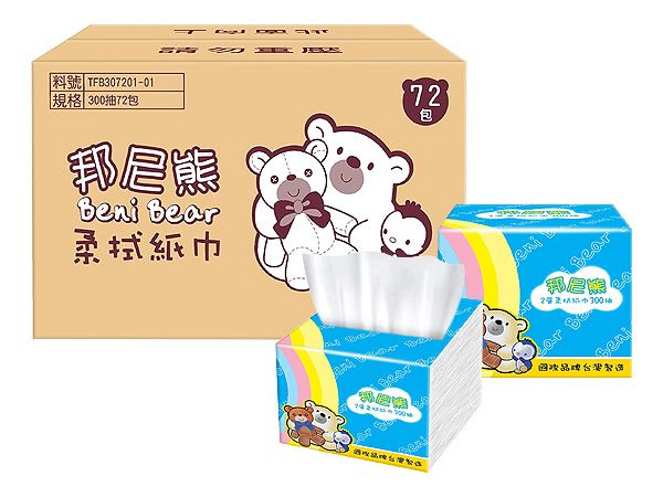 Beni Bear 邦尼熊~抽取式柔拭衛生紙(300抽x72包/箱) ※限宅配／無貨到付款