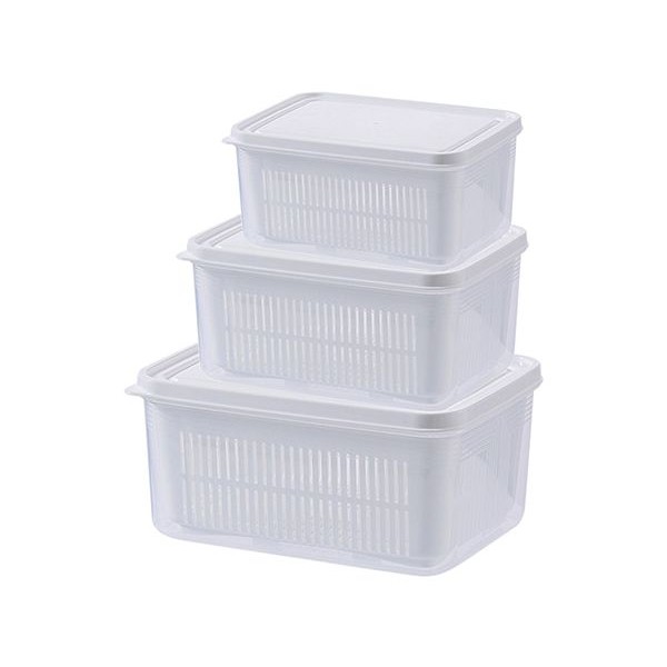 萬用雙層瀝水保鮮盒3件組(大+中+小)白色