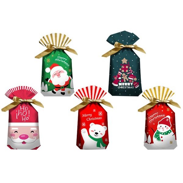 聖誕節禮物包裝抽繩袋(10入)HO紅底老人／紅色雪人／金條老人／聖誕熊／綠底禮物 款式可選