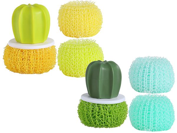 仙人掌球造型清潔刷(3替換刷+1刷柄)1組入 黃色／綠色 款式可選