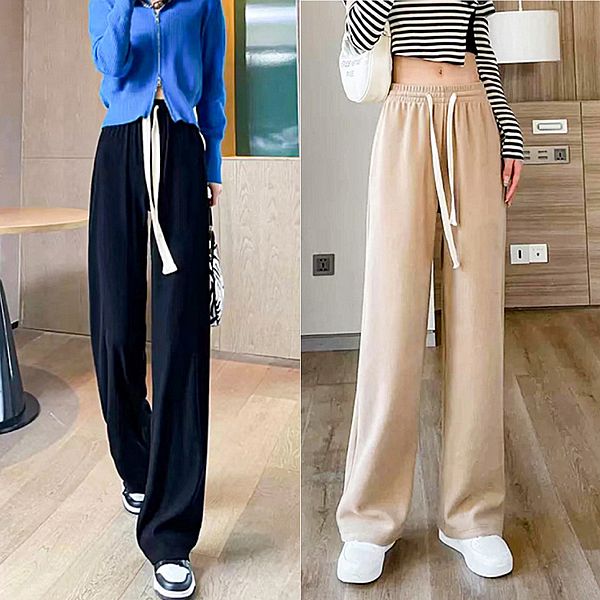 AMICA~9527抽繩休閒直筒素色寬褲(1件入) 款式可選
