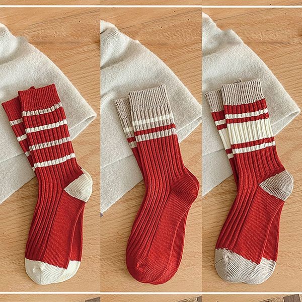 AMICA~4042#復古撞色秋楓紅系列中筒襪(1雙入) 款式可選