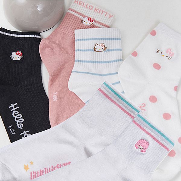 ONEDER 旺達棉品~三麗鷗系列 凱蒂&雙子星刺繡少女襪(1雙入)