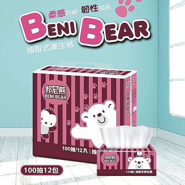 Beni Bear 邦尼熊~復古酒紅條紋抽取式衛生紙(100抽x12包x6袋／箱)