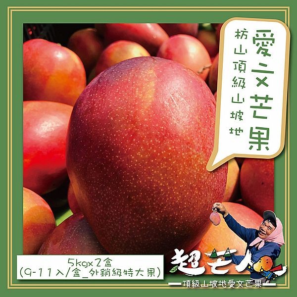 超芒人農場~屏東枋山頂級山坡愛文芒果禮盒(外銷級特大果)5kgx2盒(9-11入／盒)
