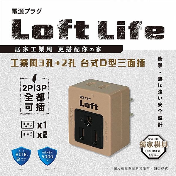 Dr.AV~工業風3孔+2孔台式D型三面插(LL-871奶)1入 聖岡科技